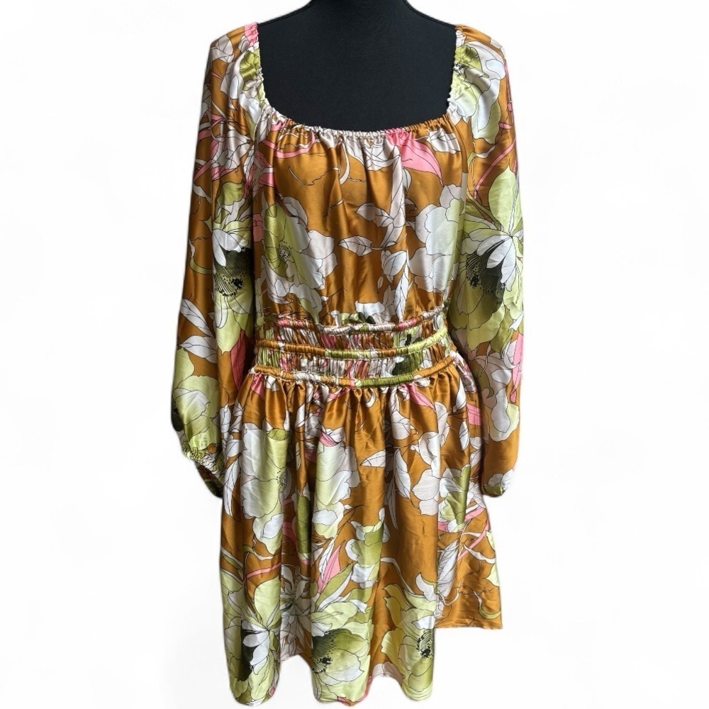 RYEGRASS FALL COLORS FLORAL PRINT BALLOON SLEEVE SMOCKED WAIST DRESS SIZE 1X